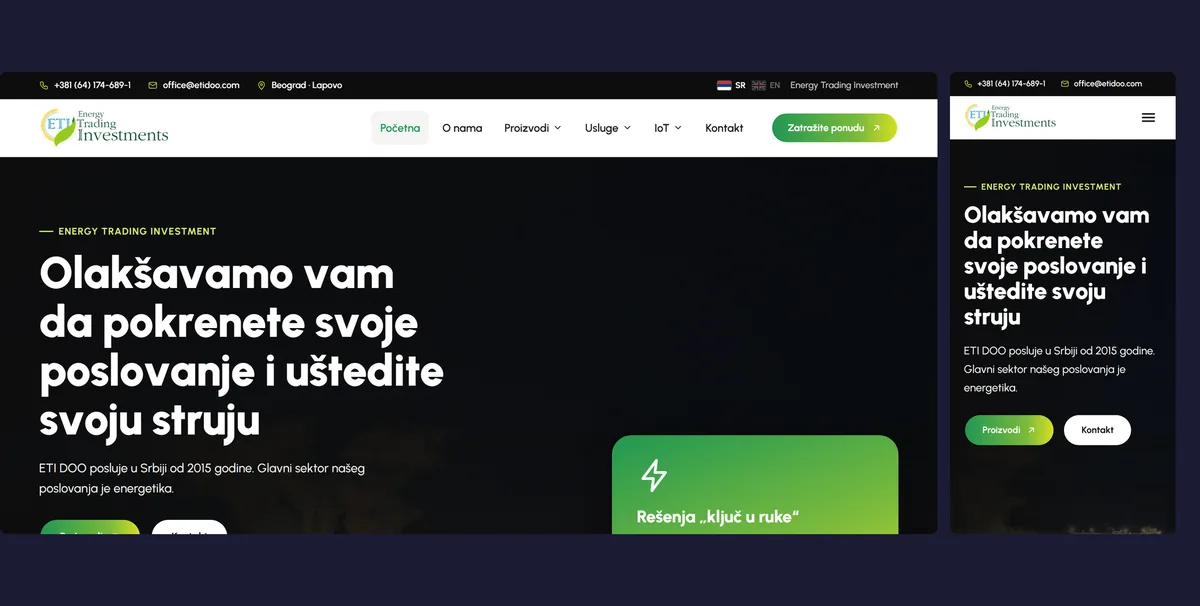 Sajt ETI DOO na računaru i telefonu